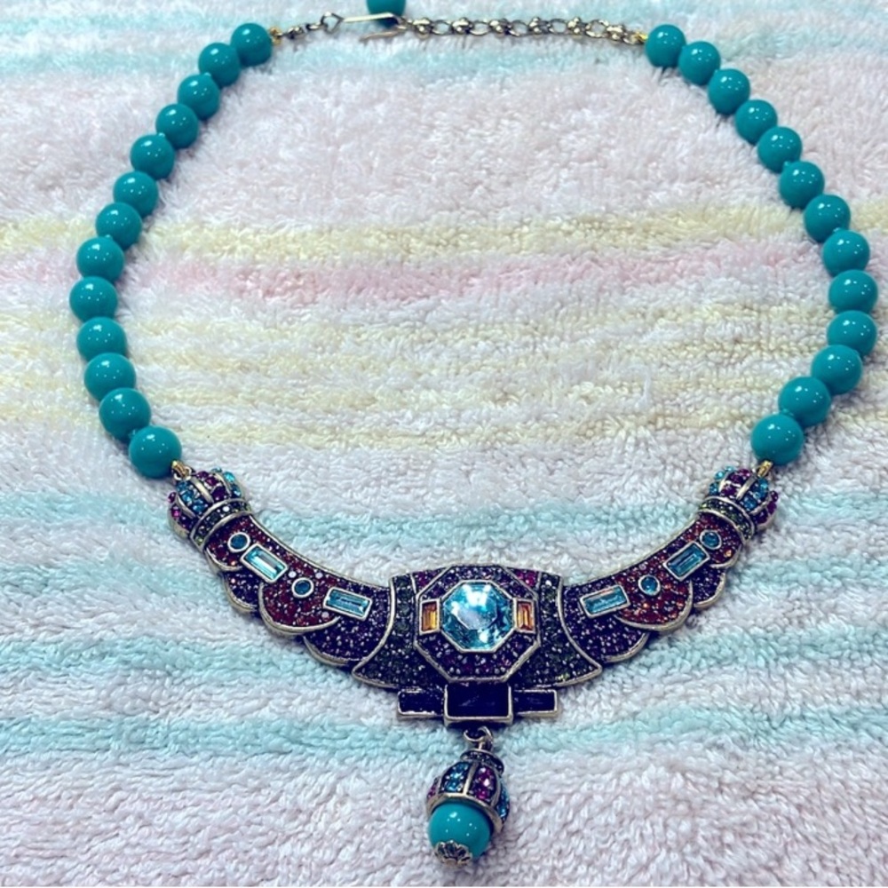 Turquoise Beaded Necklace with Silver Centerpiece and Teardrop Pendant